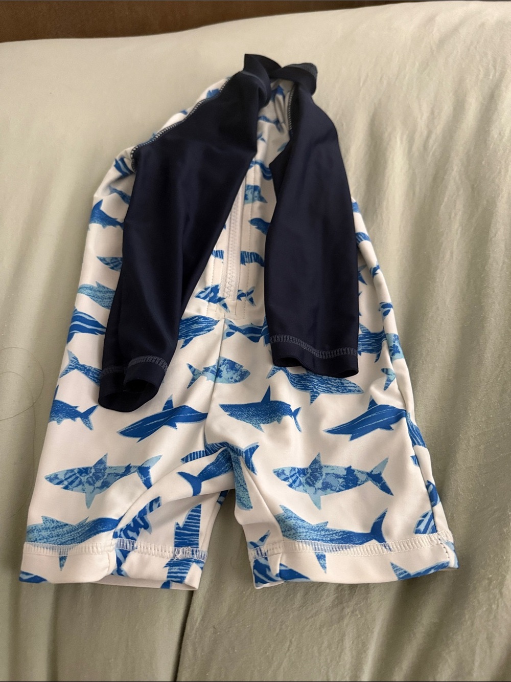 Kids' Navy & White Shark Print Rash Guard One-Piece swimsuit long sleeves